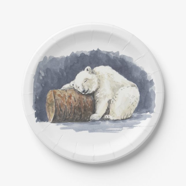 Sleeping polar bear, watercolor art paper plate (Front)