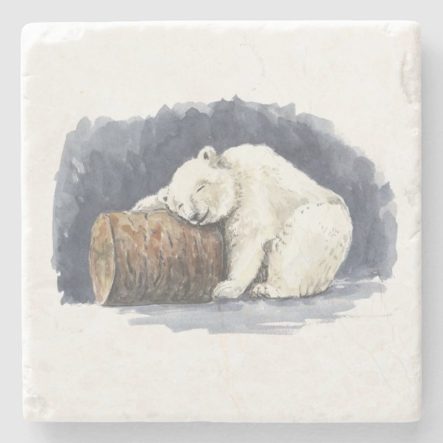 Sleeping polar bear, watercolor art stone coaster (Front)