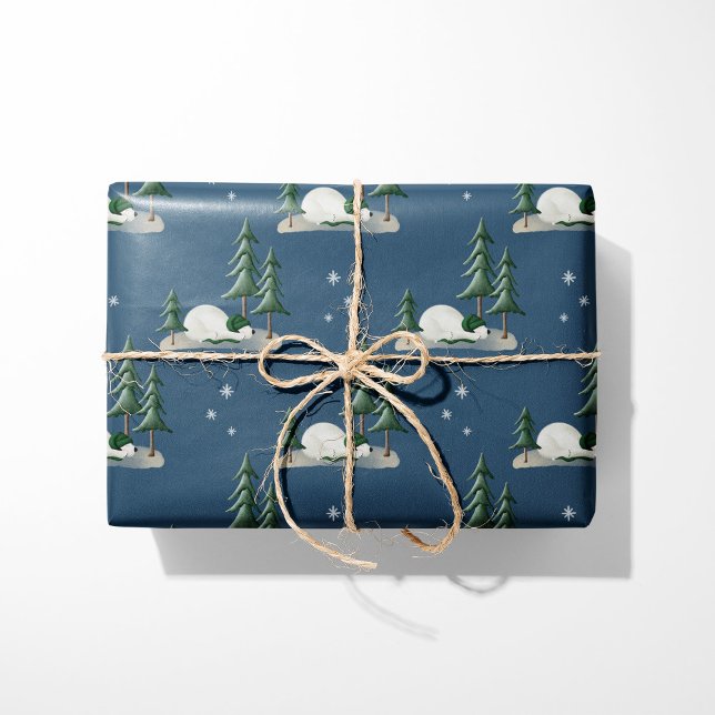 Sleeping Polar Bear Winter Forest Blue Wrapping Paper (Creator Uploaded)