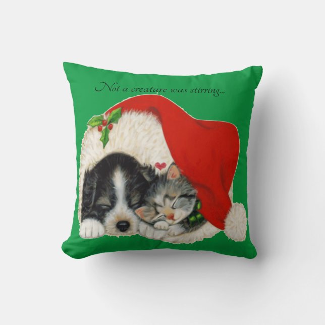 Sleeping puppy and kitty in Santa hat Throw Pillow (Front)