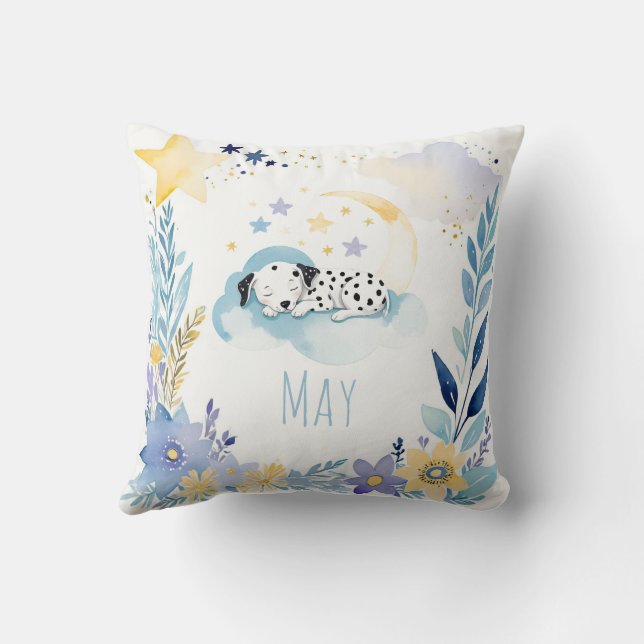 Sleeping Puppy Dalmatian Boho Name Nursery Pillow (Back)