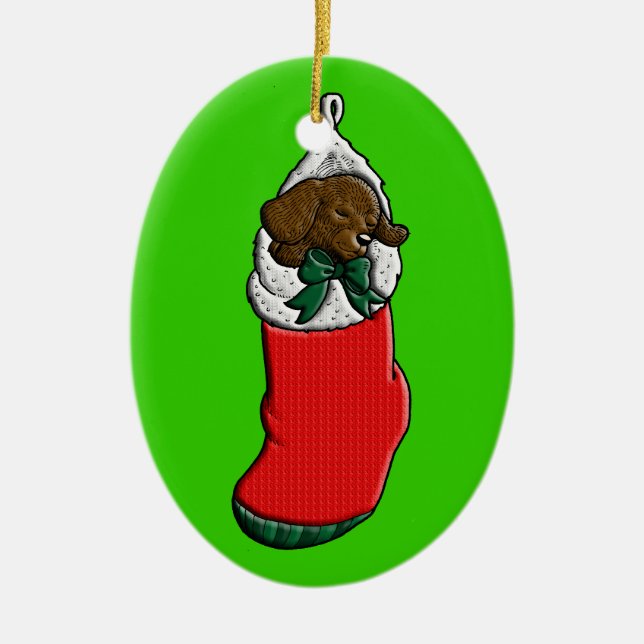 Sleeping Puppy in Christmas Stocking Ceramic Tree Decoration (Front)
