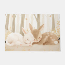 Sleeping rabbit and fawn in forest nursery rug