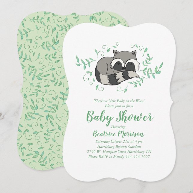 Sleeping Racoon Baby Shower Woodland Invitation (Front/Back)