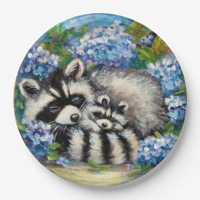 Sleeping Racoon Mum & Baby Paper Plates (Front)
