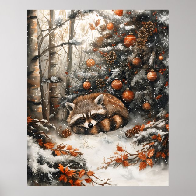 Sleeping Racoon Whimsical Rustic Christmas Poster (Front)
