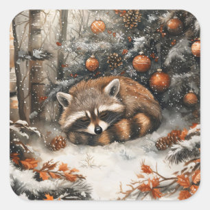 Sleeping Racoon Whimsical Rustic Christmas Square Sticker
