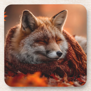 Sleeping Red Fox in a Cozy Autumn Scarf Coaster