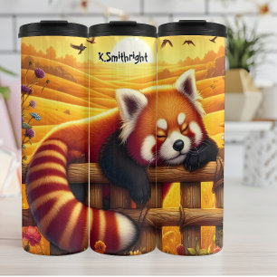 Sleeping Red Panda on Fence Thermal Tumbler