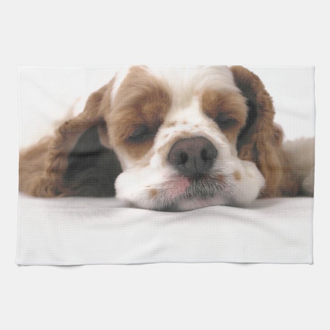 Sleeping Red/White Cocker Spaniel Tea Towel (Horizontal)