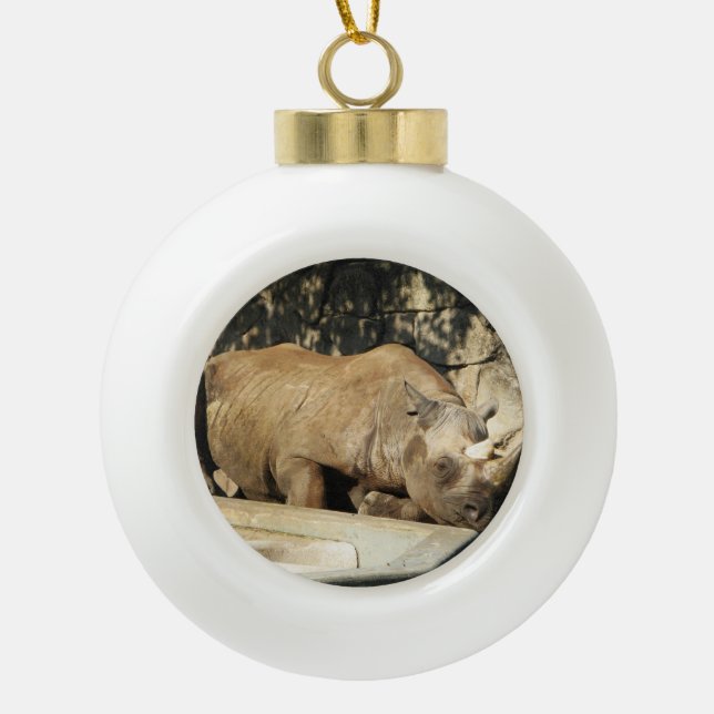 Sleeping Rhino Ceramic Ball Christmas Ornament (Front)