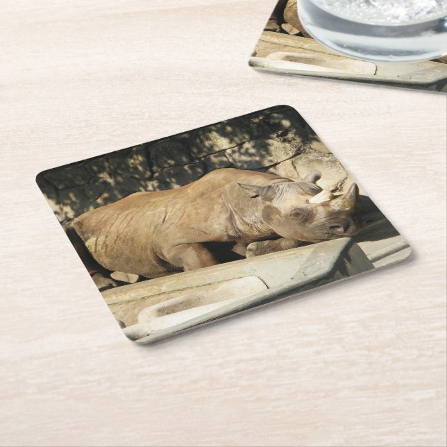 Sleeping Rhino Square Paper Coaster (Angled)