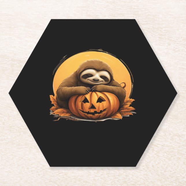 Sleeping Sloth and Halloween Pumpkin Classic T-Shi Paper Coaster (Front)