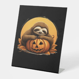Sleeping Sloth and Halloween Pumpkin Classic T-Shi Pedestal Sign
