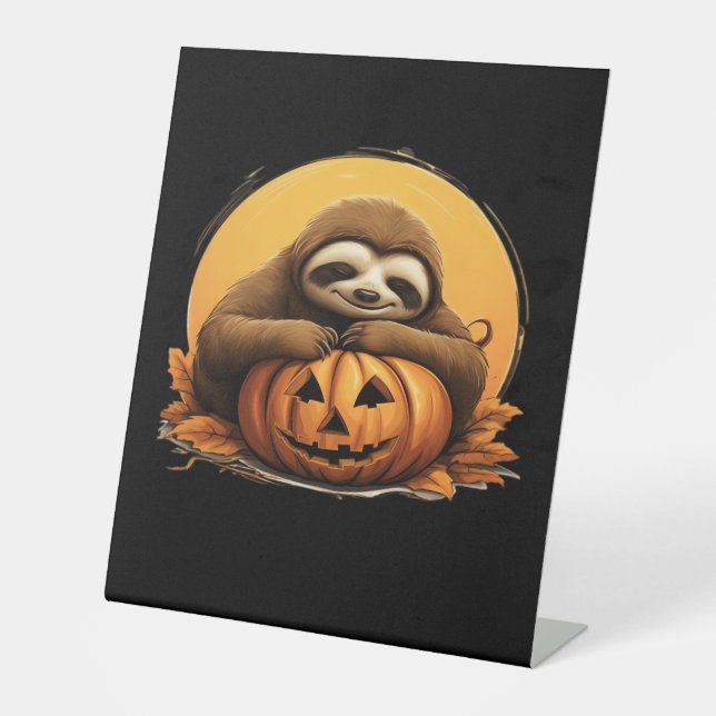 Sleeping Sloth and Halloween Pumpkin Classic T-Shi Pedestal Sign (Front)