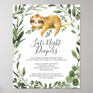 Sleeping Sloth Baby Shower Late Night Diapers Sign