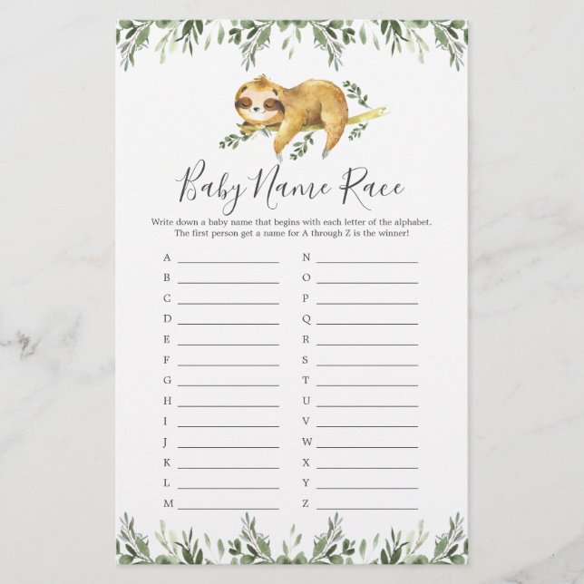 Sleeping Sloth Baby Shower Name Race Game (Front)