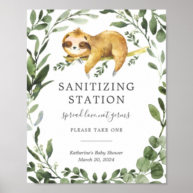 Sleeping Sloth Baby Shower Sanitising Station Sign (Front)