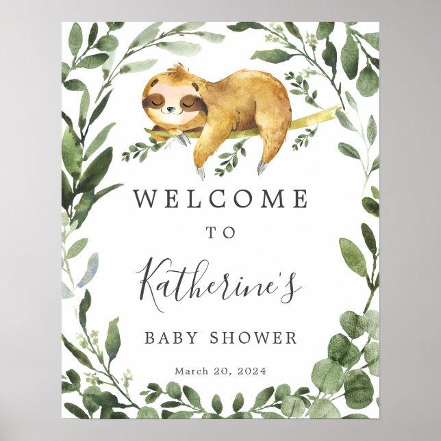 Sleeping Sloth Baby Shower Welcome Sign (Front)