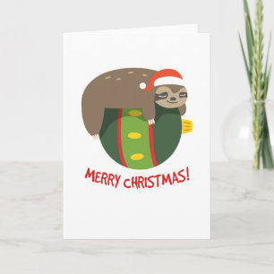 Sleeping Sloth On A Chrismtas Ball Santa Hat Snow Card