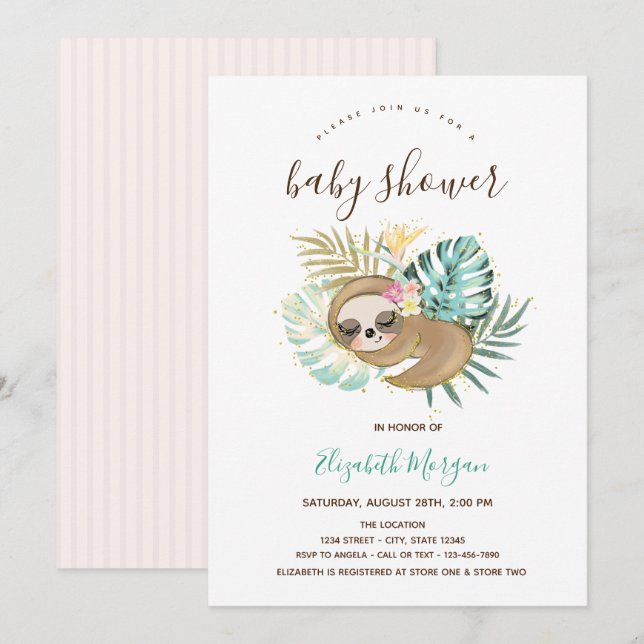 Sleeping Sloth Pink Striped Baby Shower Invitation (Front/Back)