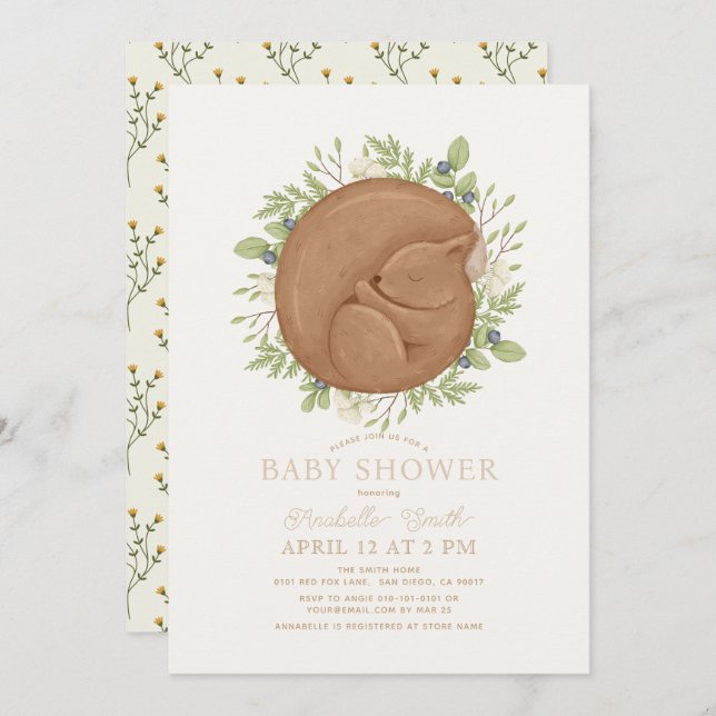 Sleeping Squirrel Greenery Baby Shower Invitation (Front/Back)