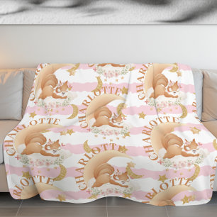 Sleeping Squirrel on Clouds Gold Moon & Stars Name Fleece Blanket