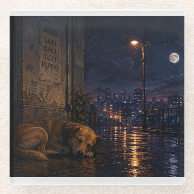 sleeping street dog glass coaster (Front)