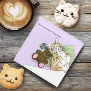 Sleeping Tabby Cat Comfort Cute Cosy Lavender Glass Coaster