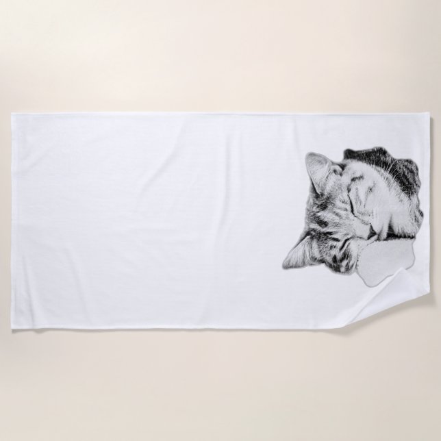 Sleeping Tabby Cat Monochrome Towel (Front)