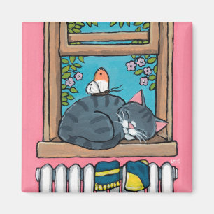 Sleeping Tabby Cat with Butterfly on Window Sill Magnet