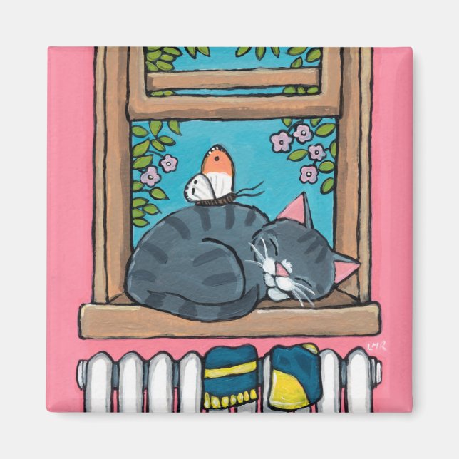 Sleeping Tabby Cat with Butterfly on Window Sill Magnet (Front)