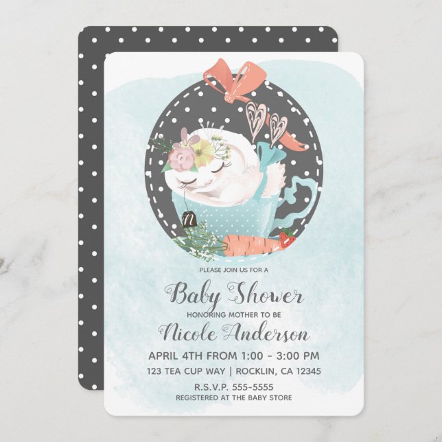 Sleeping Tea Cup Bunny Rabbit Spring Baby Shower Invitation (Front/Back)