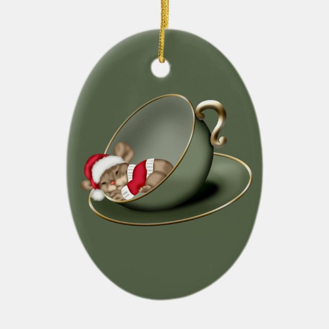 Sleeping Tea Cup Mouse 2 Sided Ceramic Tree Decoration (Front)