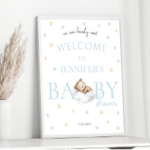 Sleeping Teddy Bear Baby Boy Shower Welcome Sign