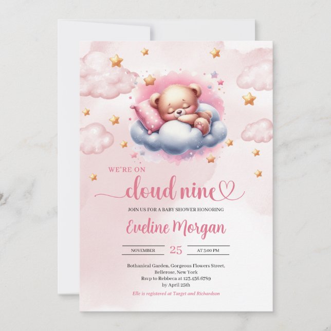 Sleeping teddy bear cloud 9 girl baby shower invitation (Front)