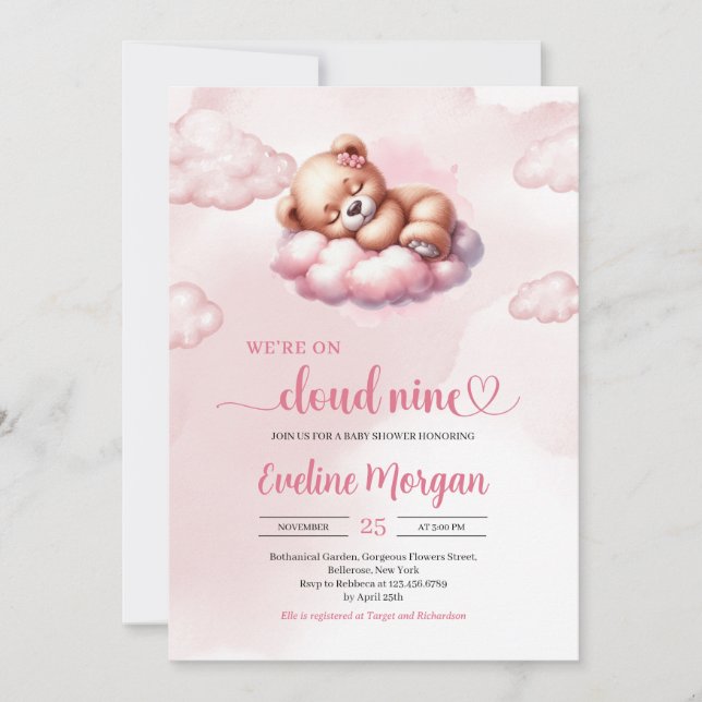 Sleeping teddy bear cloud nine girl baby shower invitation (Front)