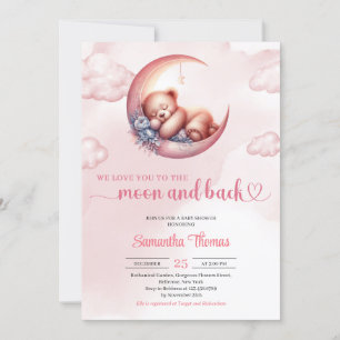 Sleeping Teddy bear moon and back girl baby shower Invitation