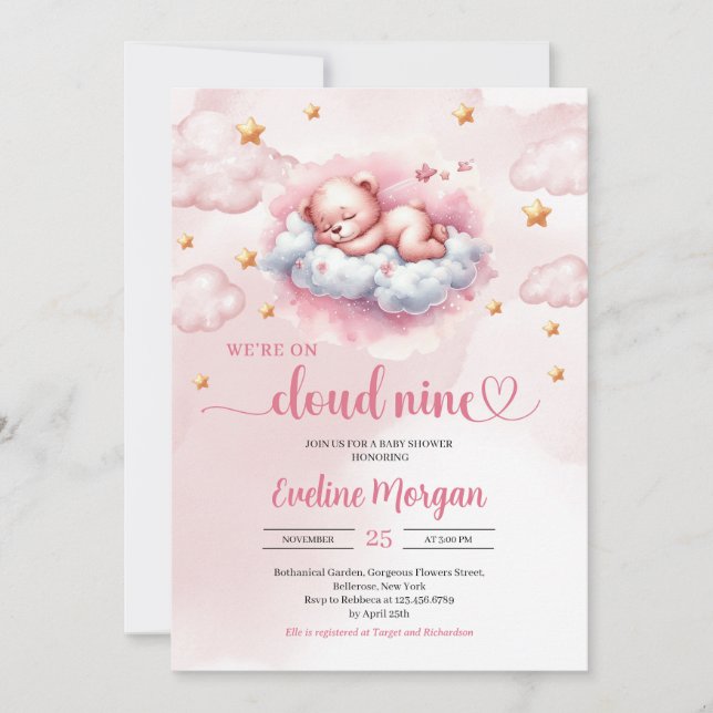 Sleeping teddy bear on a cloud 9 girl baby shower invitation (Front)