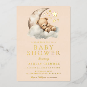 Sleeping Teddy Bear on Moon Baby Shower Gold