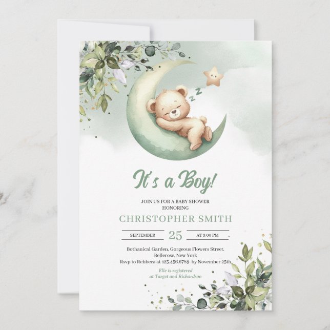 Sleeping teddy bear over the moon gender neutral invitation (Front)