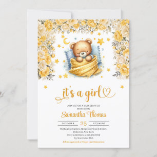 Sleeping teddy bear yellow flower girl baby shower invitation