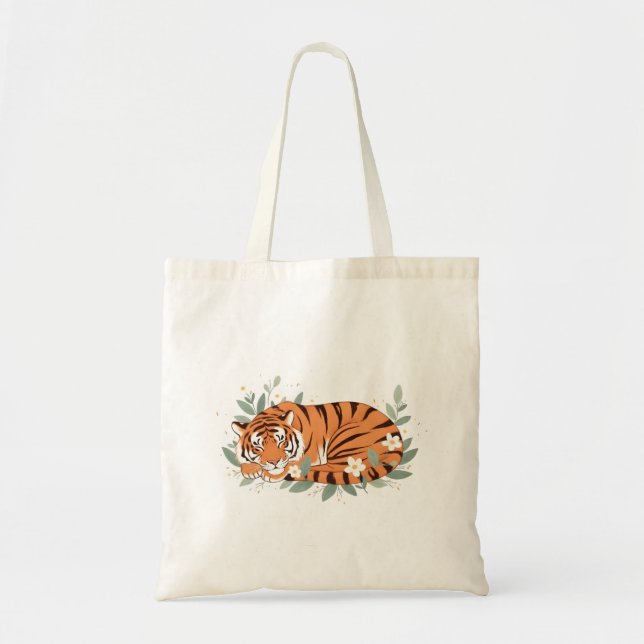 Sleeping Tiger Floral Illustration – Cute Cozy Wil Tote Bag (Front)