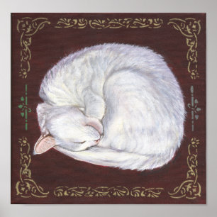 "Sleeping Treasure" white cat art poster