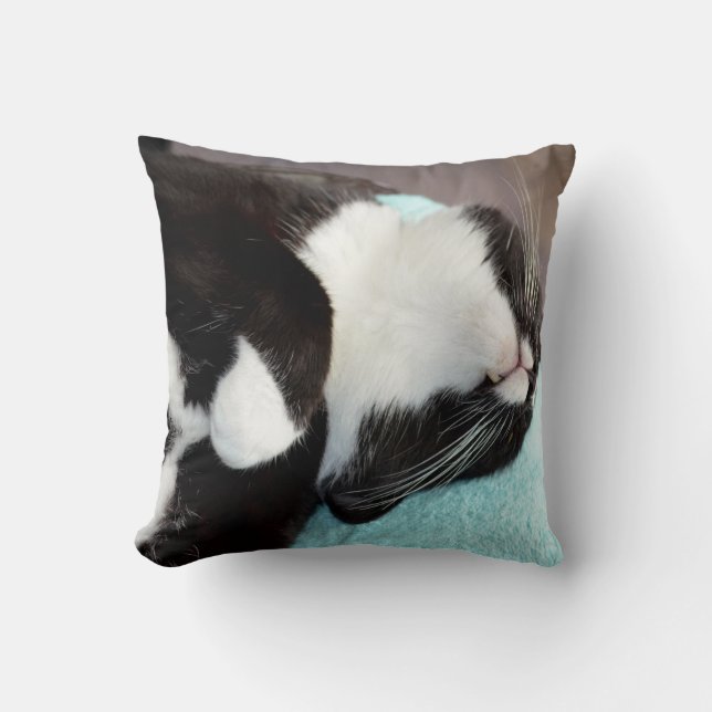 sleeping tuxedo cat chin view kitty image cushion (Front)
