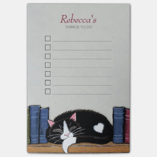 Sleeping Tuxedo Cat on Bookshelf Things To Do List Post-it Notes