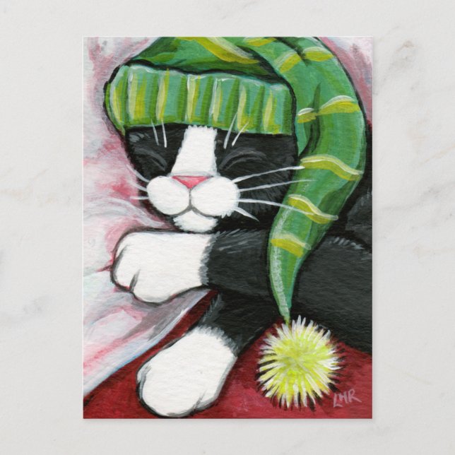 Sleeping Tuxedo Cat with Nightcap Art Postcard (Front)