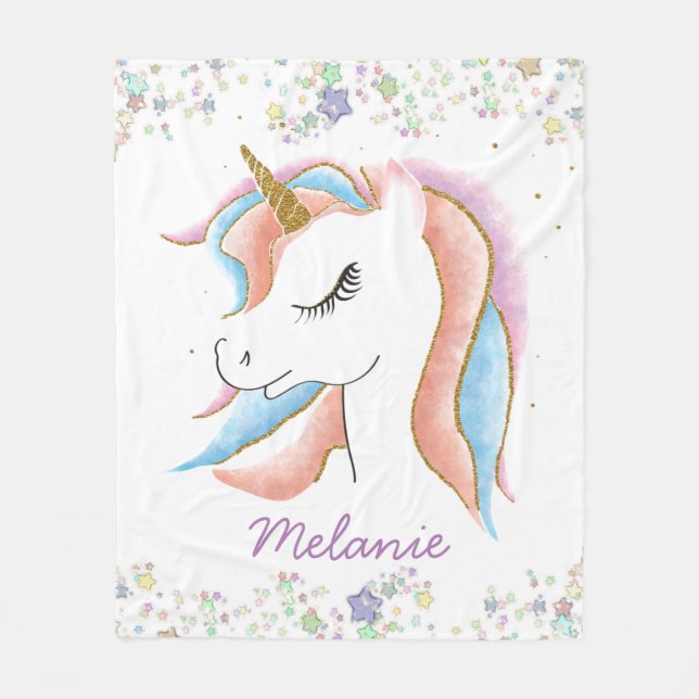 Sleeping Unicorn and Pastel Stars Personalised Fleece Blanket (Front)