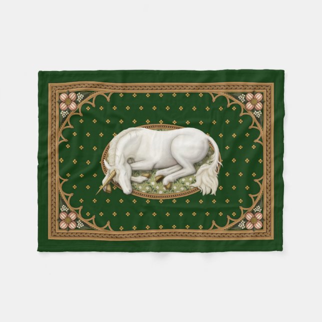 Sleeping Unicorn Hunter Green Mediaeval Fleece Blanket (Front (Horizontal))