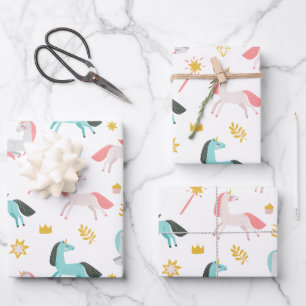 Sleeping Unicorn Magic Wand Pink Teal Wrapping Paper Sheet